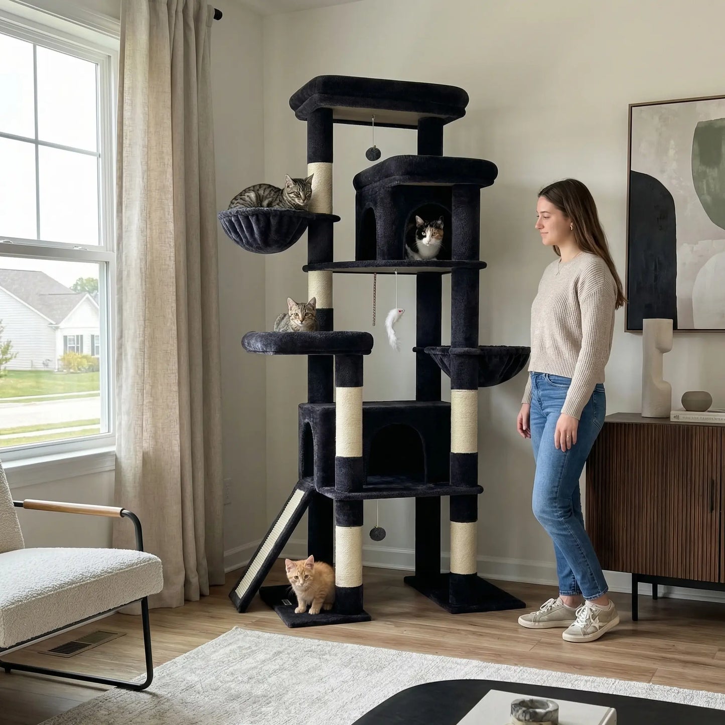 Globlazer S78,78 Inch Cute Cat Tree Tower: Sturdy Activity Center with Condos, Sisal Scratching Posts, Hammock & Perches for Big Cats.