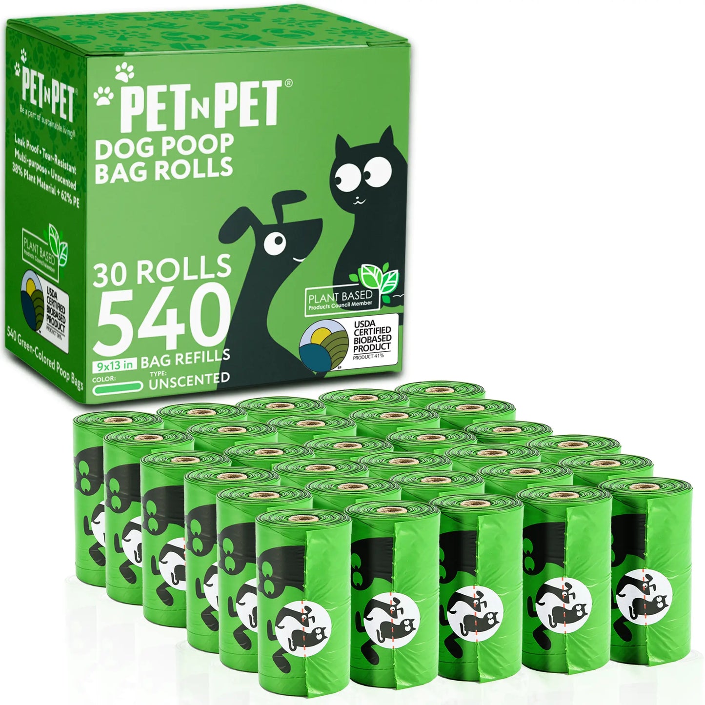 PET N PET 540 Unscented Dog Poop Bag, 41% Plant-Based, Green Waste Poop Bag for Dogs & Cats