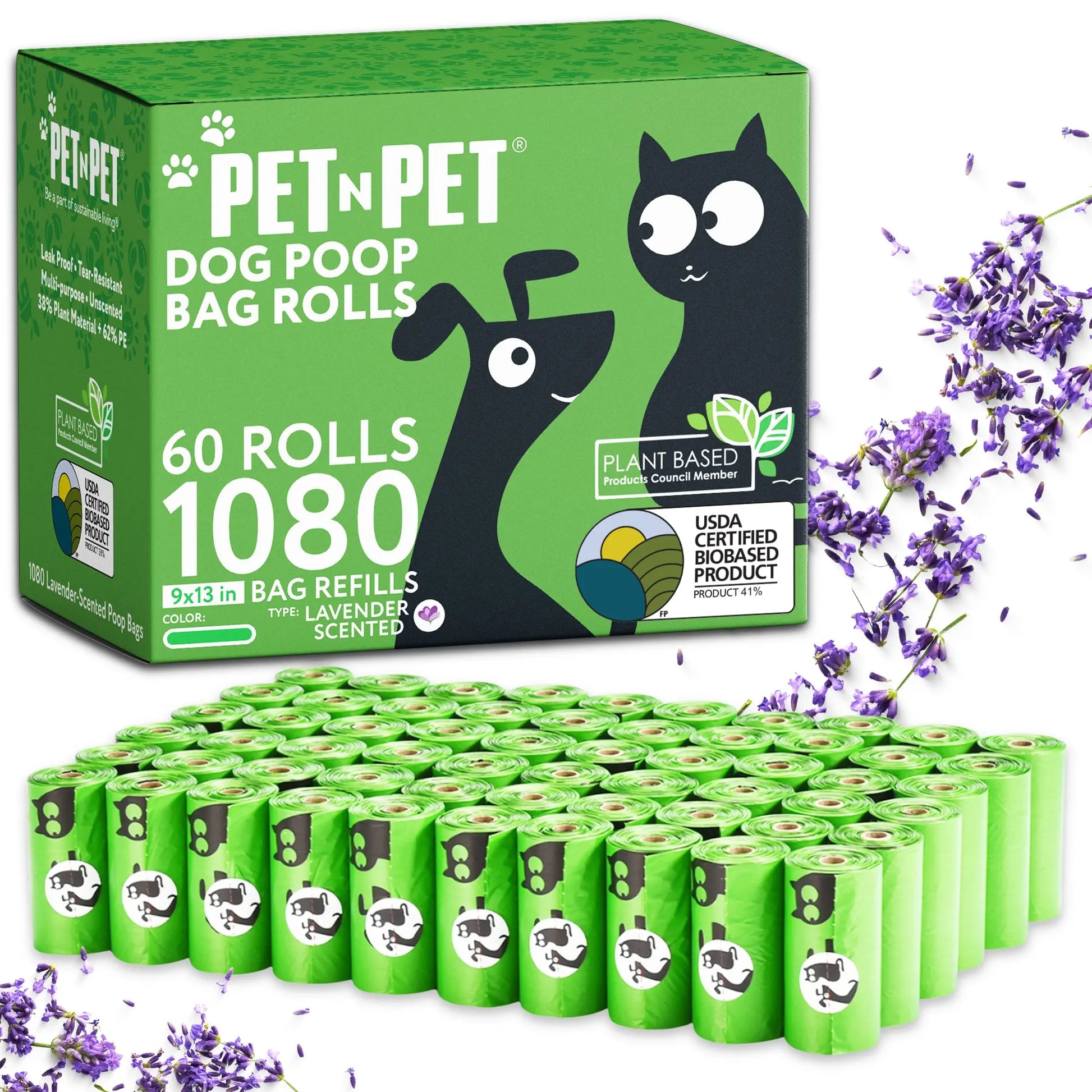 Pet N Pet Dog Poop Bag Rolls - 41% Plant Based, USDA Certified, 1080 Counts, Leakproof Poop Bags for Dogs, Waste Bags
