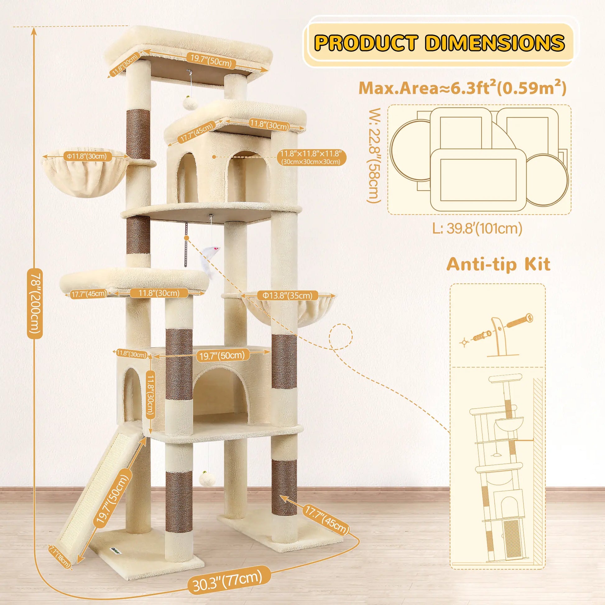 Globlazer S78,78 Inch Cute Cat Tree Tower: Sturdy Activity Center with Condos, Sisal Scratching Posts, Hammock & Perches for Big Cats.