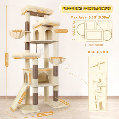 Globlazer S78,78 Inch Cute Cat Tree Tower: Sturdy Activity Center with Condos, Sisal Scratching Posts, Hammock & Perches for Big Cats.