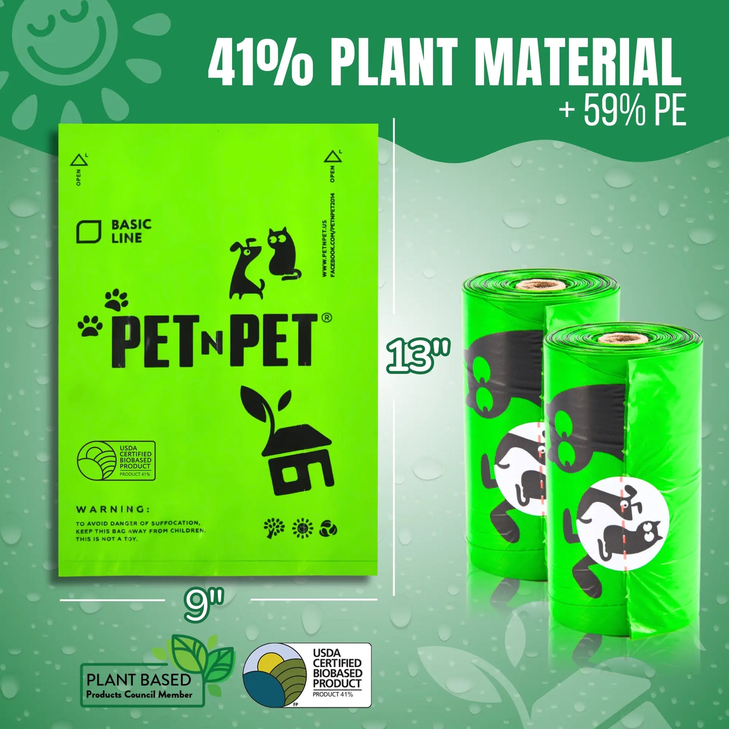 PET N PET 540 Unscented Dog Poop Bag, 41% Plant-Based, Green Waste Poop Bag for Dogs & Cats