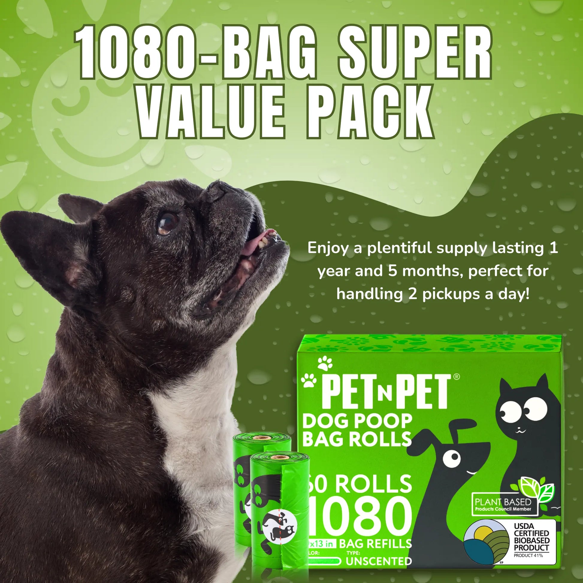 Pet N Pet Dog Poop Bag Rolls - 41% Plant Based, USDA Certified, 1080 Counts, Leakproof Poop Bags for Dogs, Waste Bags
