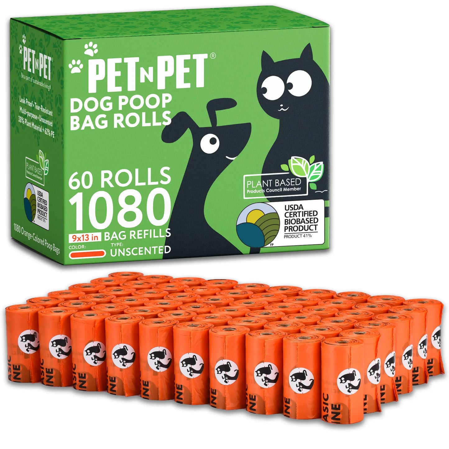 Pet N Pet Dog Poop Bag Rolls - 41% Plant Based, USDA Certified, 1080 Counts, Leakproof Poop Bags for Dogs, Waste Bags