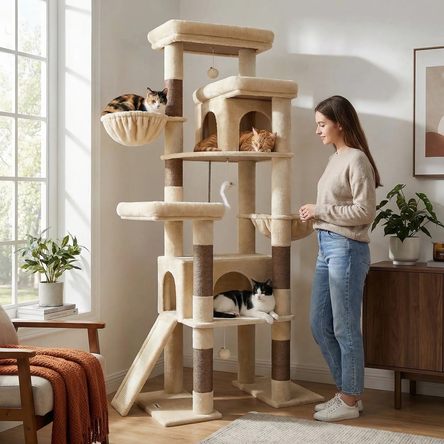 Globlazer S78,78 Inch Cute Cat Tree Tower: Sturdy Activity Center with Condos, Sisal Scratching Posts, Hammock & Perches for Big Cats.