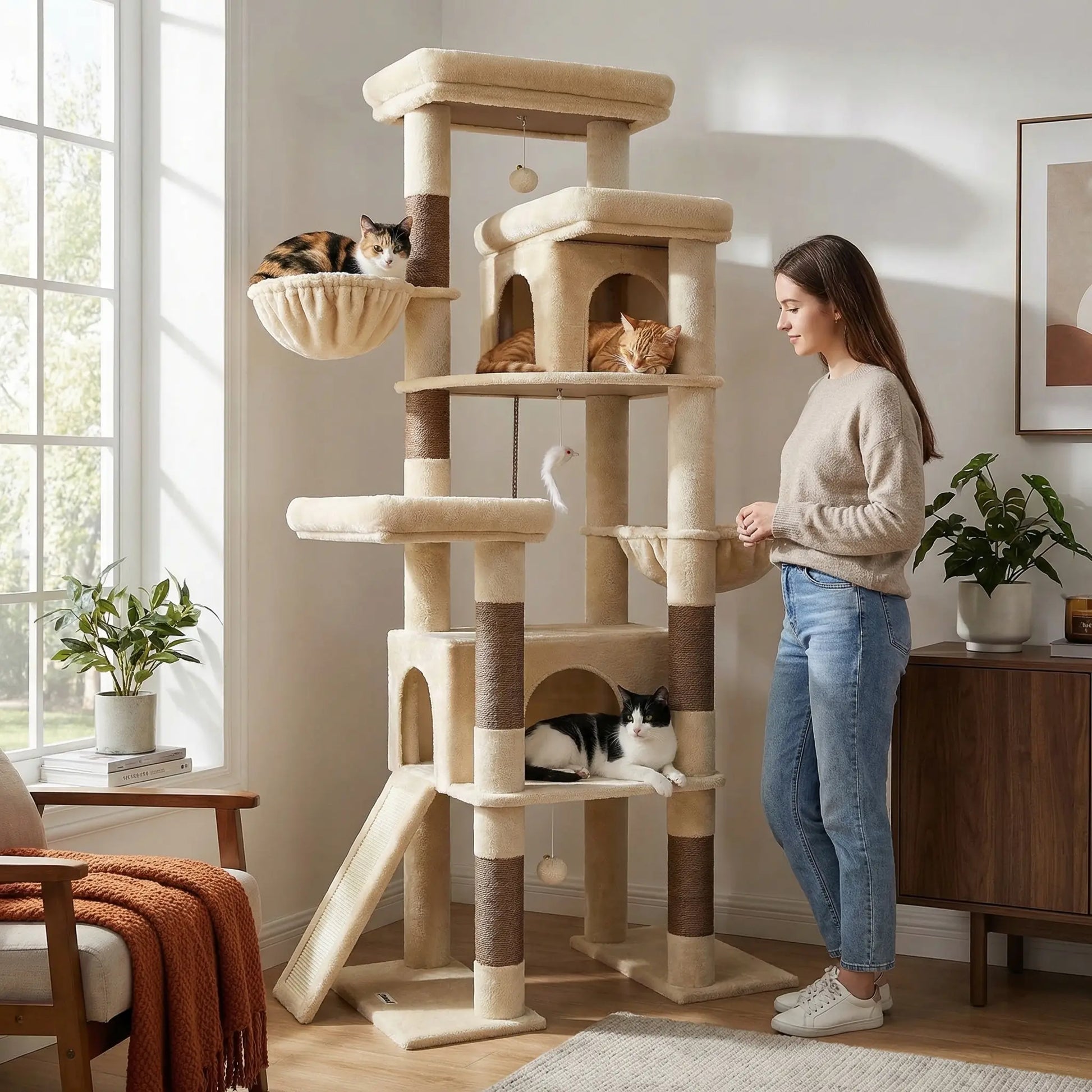 Globlazer S78,78 Inch Cute Cat Tree Tower: Sturdy Activity Center with Condos, Sisal Scratching Posts, Hammock & Perches for Big Cats.